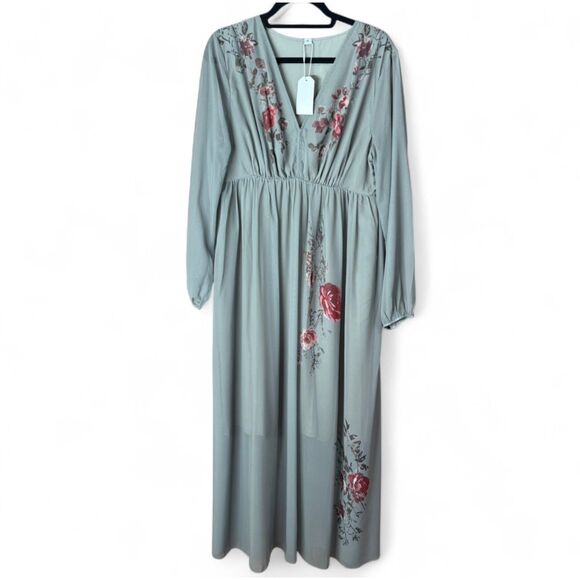 NWT XL Dusty Green Floral Maxi Dress ft. Billowy Sleeves, V-Neck, Sheer, Boho - Picture 1 of 10